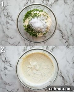 2 step by step photos showing how to make a creamy potato salad dressing