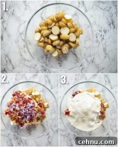 3 step by step photos showing how to make a potato salad
