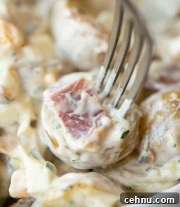 close up shot of silver fork digging into slice of potato with bacon on it