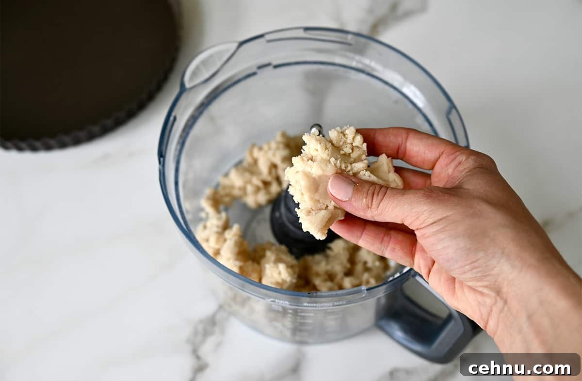 A hand holds shortbread dough above a food processor.