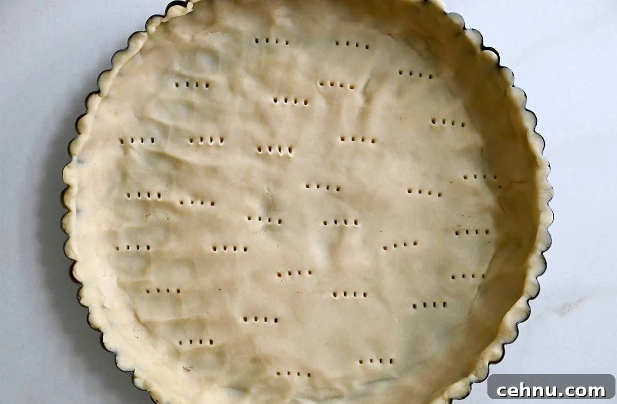 Dough pressed into a tart pan and that's been pricked all over with a fork.