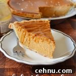 Salted Caramel Pumpkin Pie Recipe for Thanksgiving 6 a piece of salted caramel pumpkin pie on a small white plate with a silver fork
