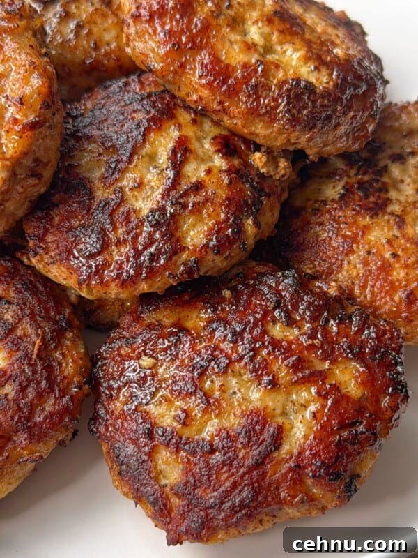 A close-up of several golden-brown, pan-fried sausage patties stacked on a white plate.