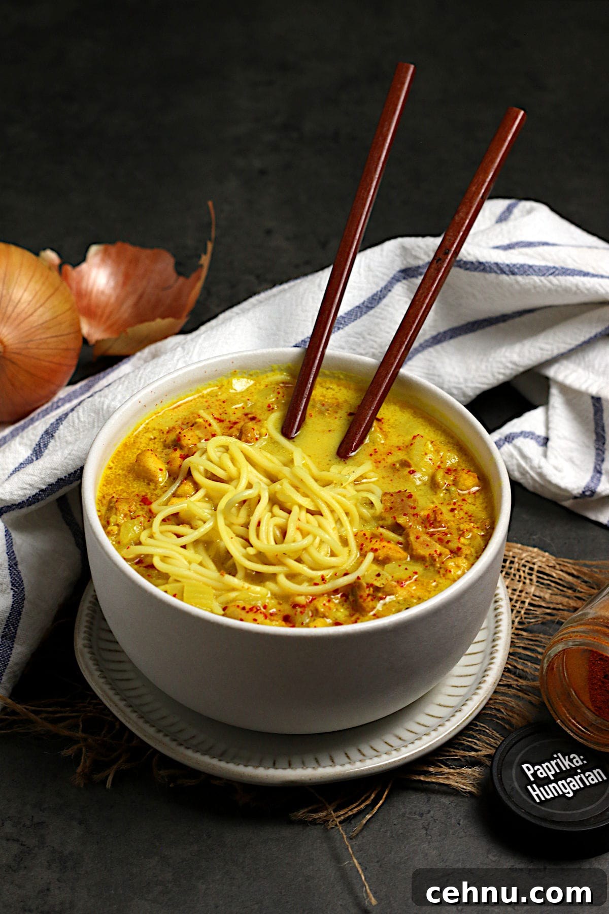 Burmese Coconut Chicken Noodle Soup in a white bowl.