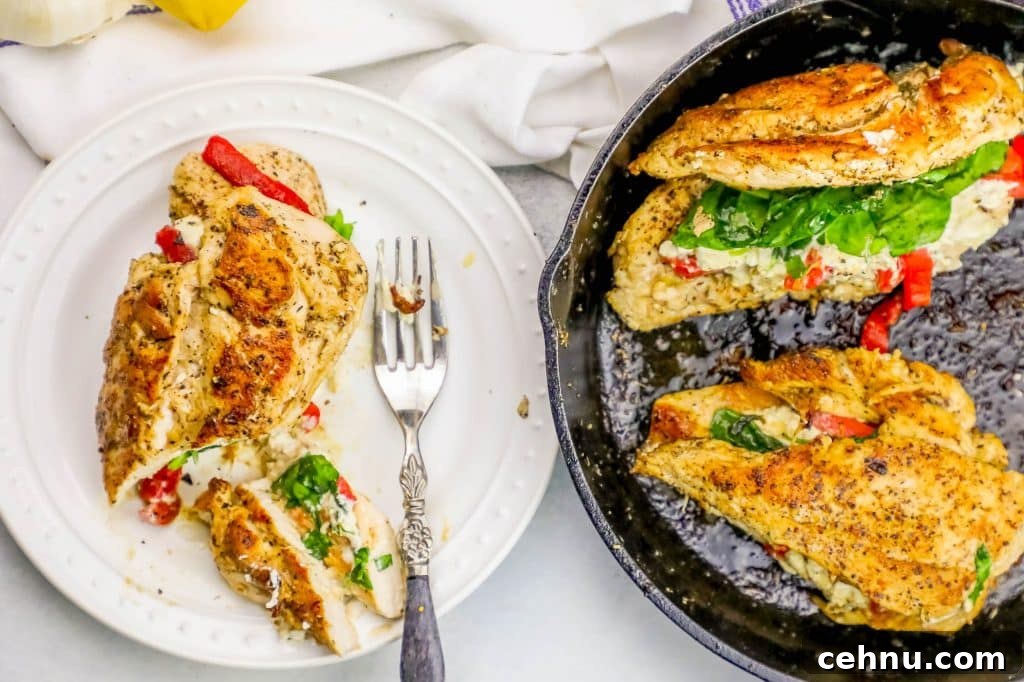 Cheesy Florentine Stuffed Chicken Recipe 4 chicken with spinach, cheese, and bell pepper stuffed in the center.