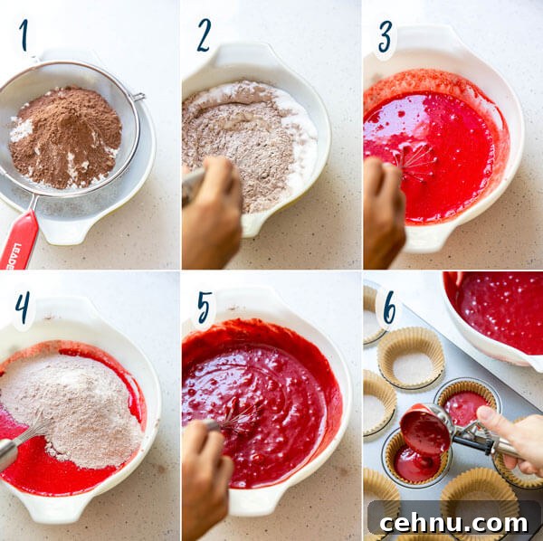 A collage of photos showing steps to make red velvet cupcake batter