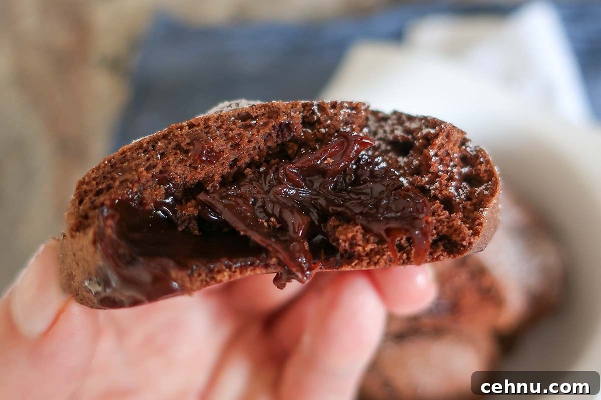 20 Gluten-Free Cookie Recipes for Holiday Parties and Gifts 14 close up holding one molden cookie showing the chocolate sauce in the center