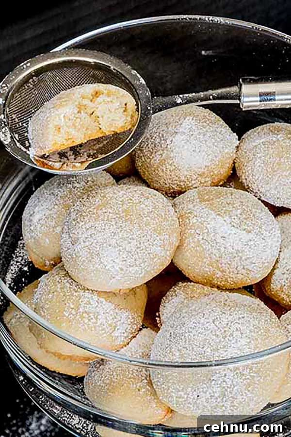 20 Gluten-Free Cookie Recipes for Holiday Parties and Gifts 17 gluten free vanilla shortbread cookies in a glass bowl being dusted with powdered sugar