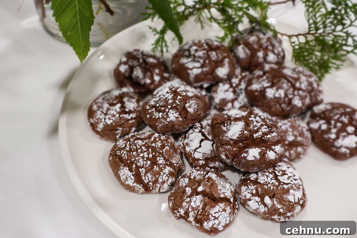20 Gluten-Free Cookie Recipes for Holiday Parties and Gifts 5 chocolate crinkle cookies coated with powdered sugar on a white platter