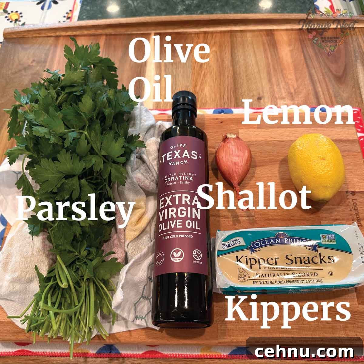How to Make a Quick Kipper Snack Meal 4 Kippers Recipe Ingredients showing parsley, olive oil, lemon, shallot, and kippers.