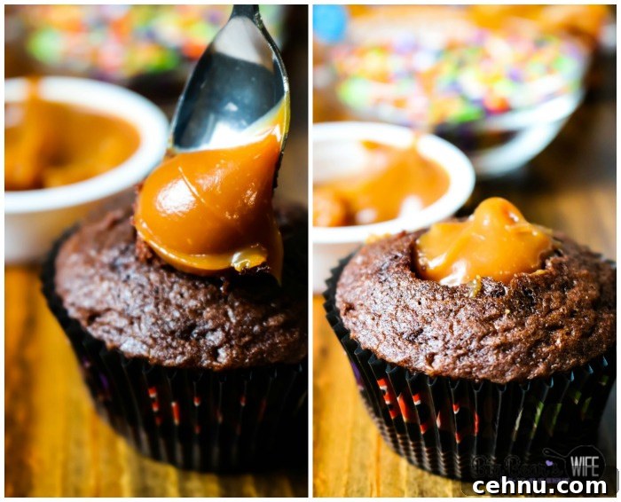 Adding Caramel Dip to Chocolate Cupcake