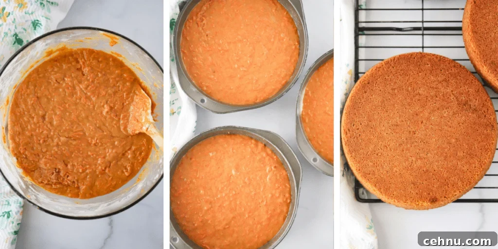 Three photos showing how to make carrot cake.