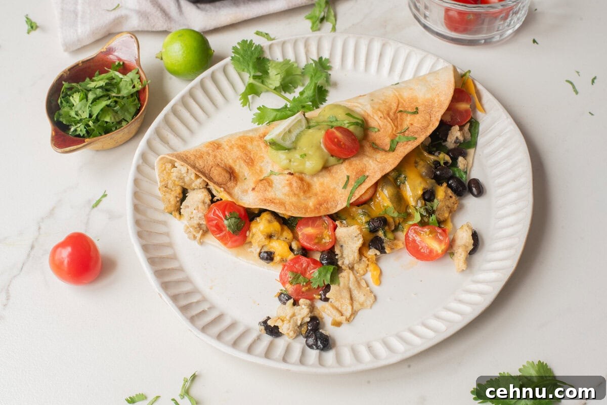 An overhead image of vegetarian breakfast quesadilla on a plate.