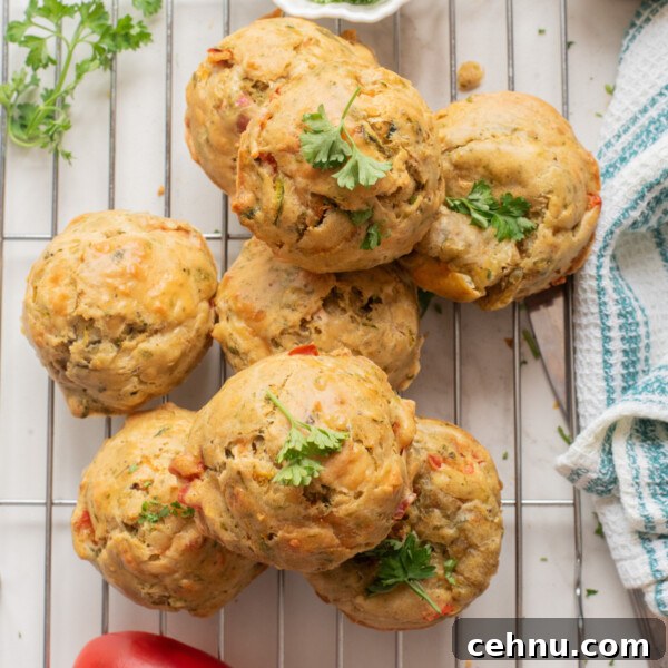 An overhead image of veggie muffins on a wire rack.