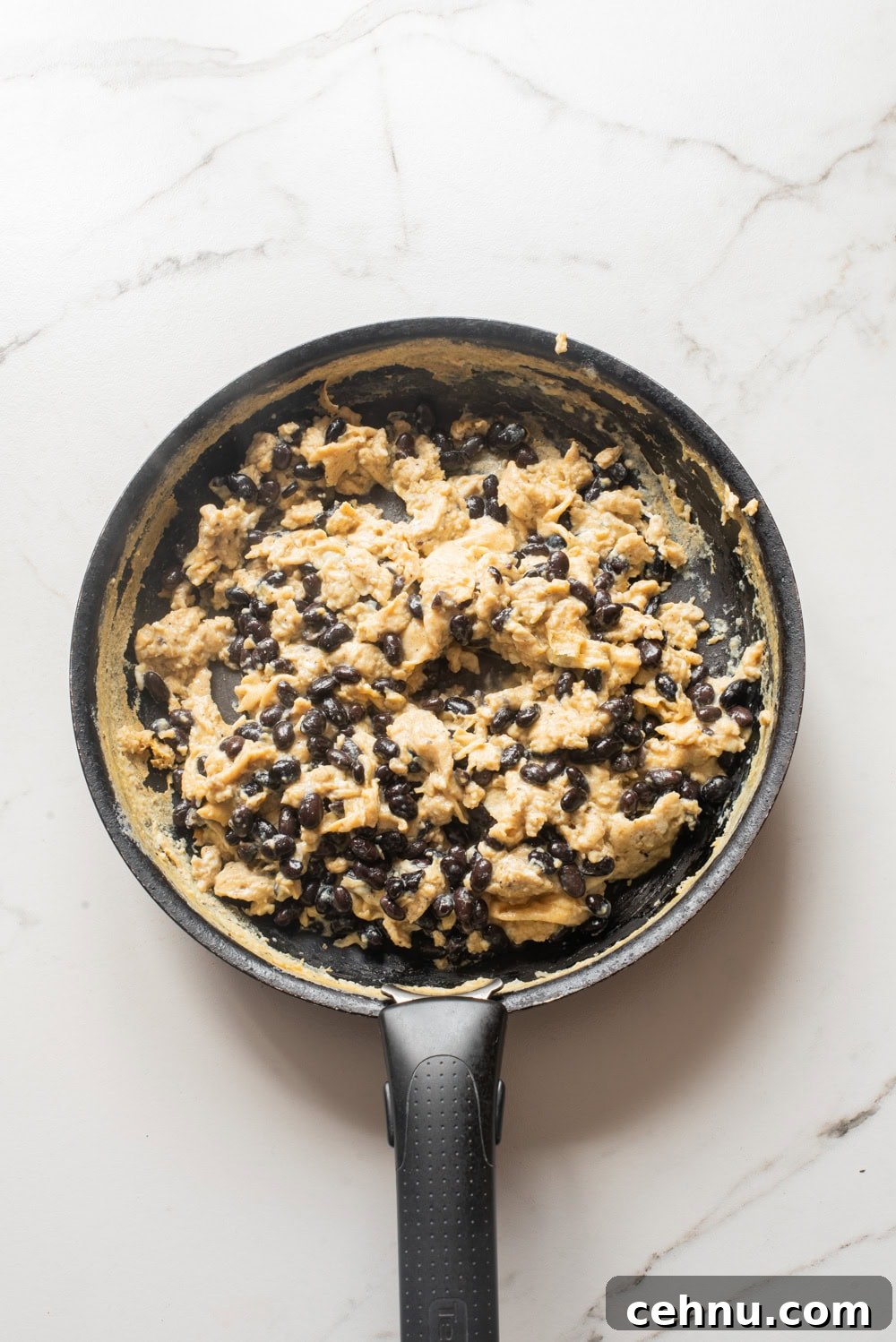 An overhead image of the black bean and egg mixture.
