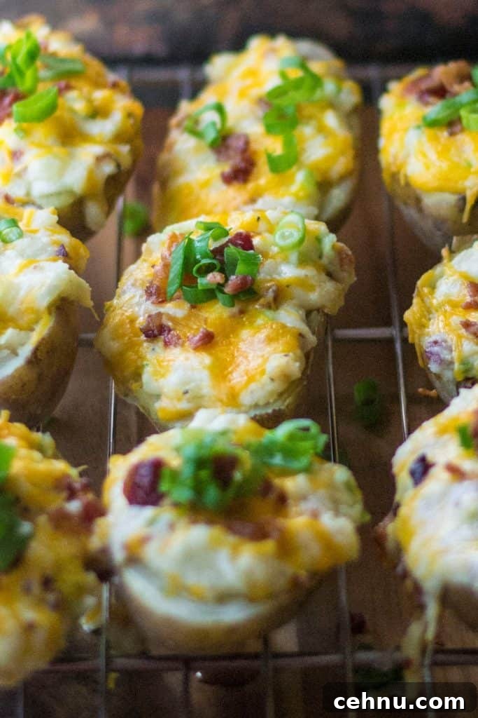 How to Make Twice-Baked Potatoes: Microwave to Oven 4 Twice baked potatoes topped and ready to bake