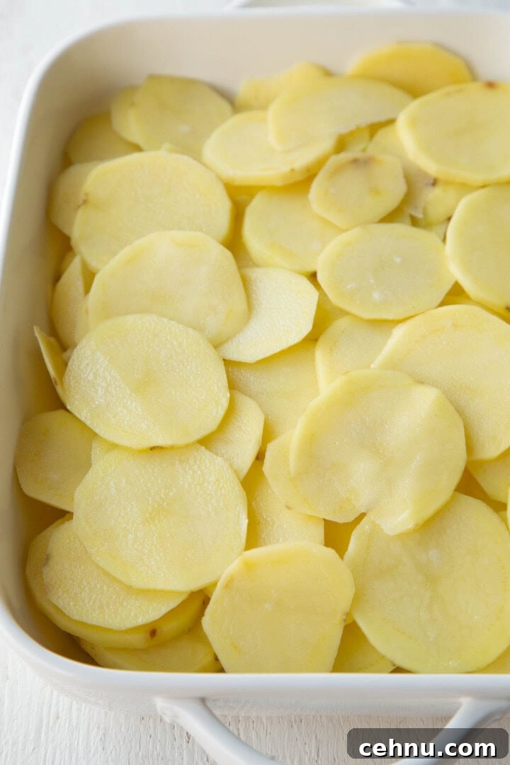 Old Fashioned Scalloped Potatoes Recipe 5 raw potato slices in a casserole dish.