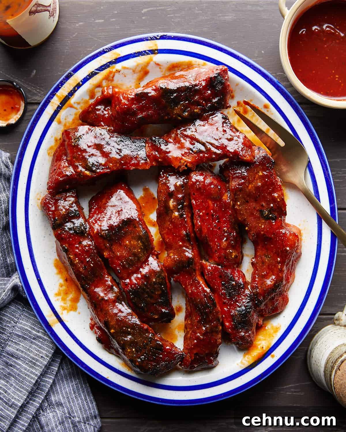 Oven-Baked Country-Style Boneless Pork Ribs 2 Overhead image of boneless pork ribs in the oven recipe.