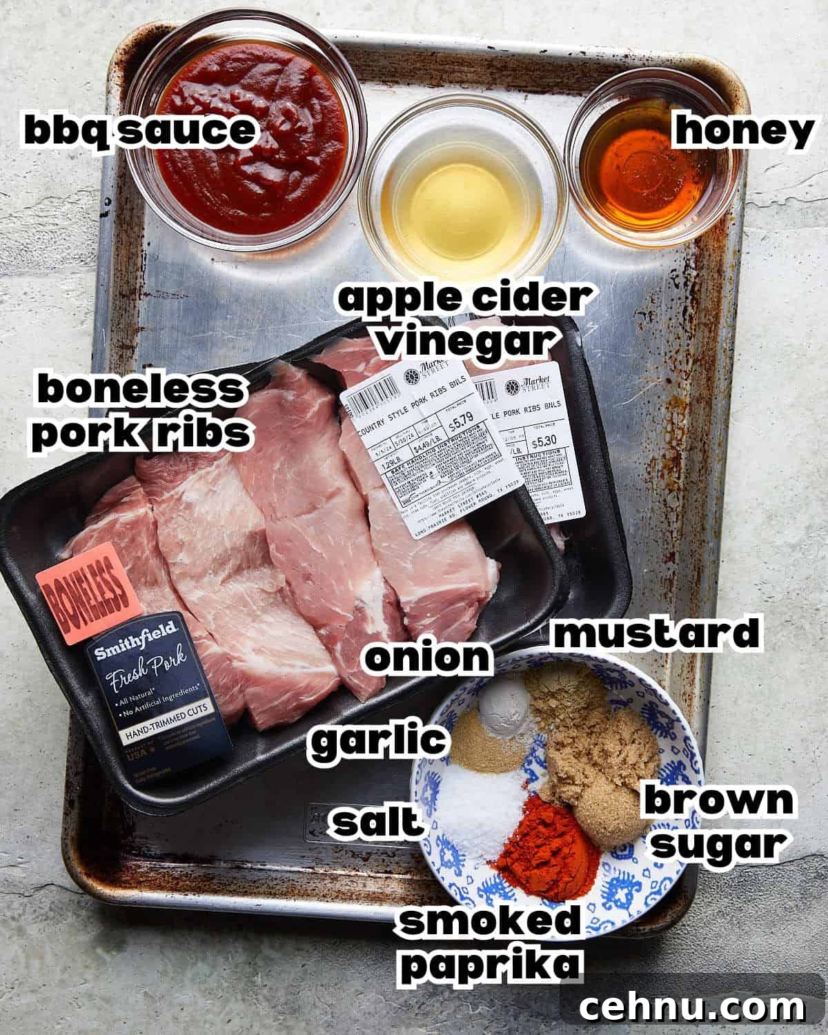 Oven-Baked Country-Style Boneless Pork Ribs 3 Overhead image of ingredients needed to make boneless pork ribs in the oven.