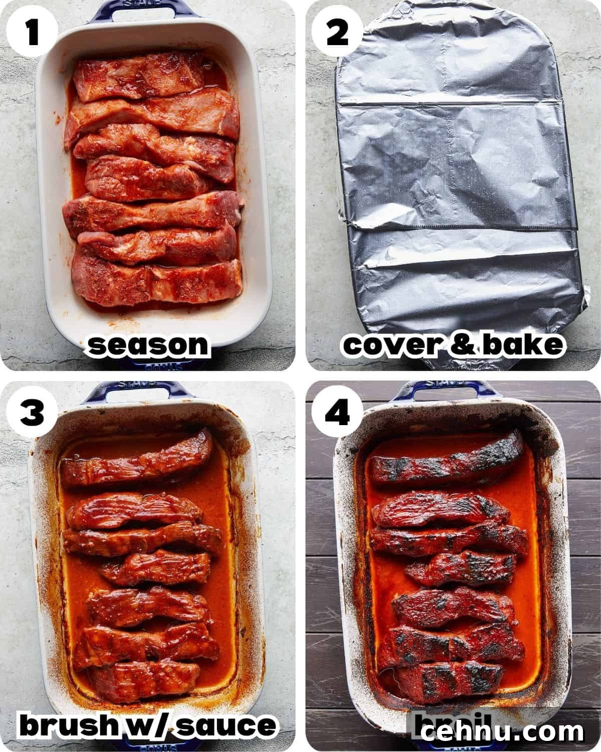 Oven-Baked Country-Style Boneless Pork Ribs 4 A four image collage showing the steps to make boneless pork ribs in the oven.