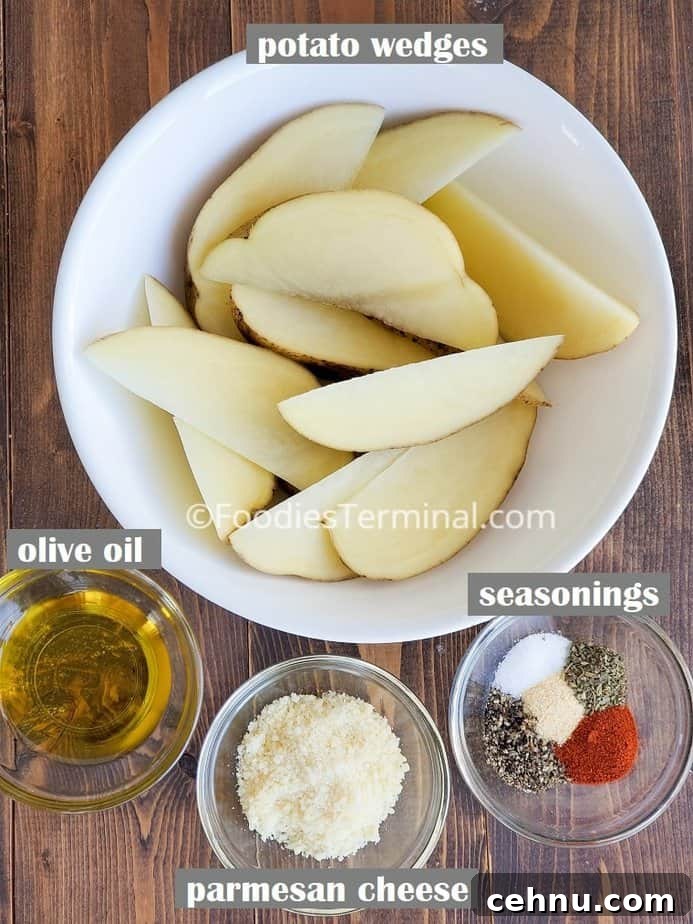 Air Fryer Garlic Parmesan Potato Wedges 3 recipe ingredients on a wooden board