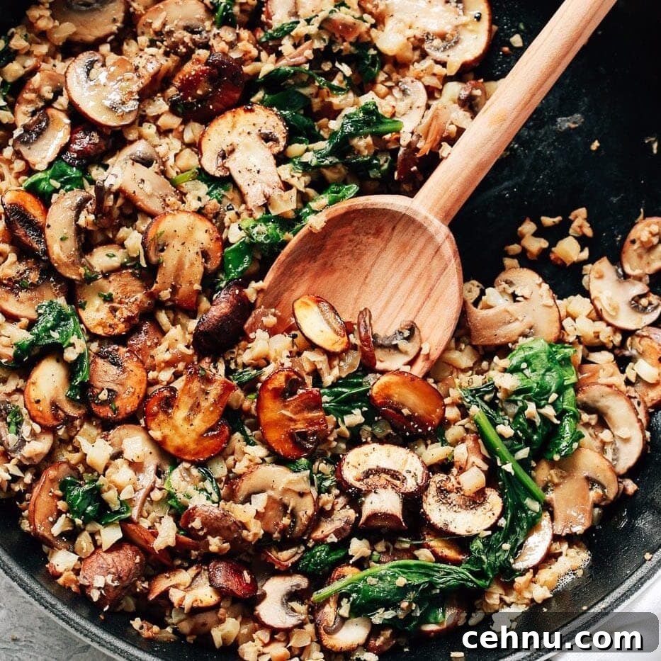 Easter Menu Ideas: Brunch, Dinner and Dessert Recipes 15 Close up of Cauliflower Rice in a skillet.
