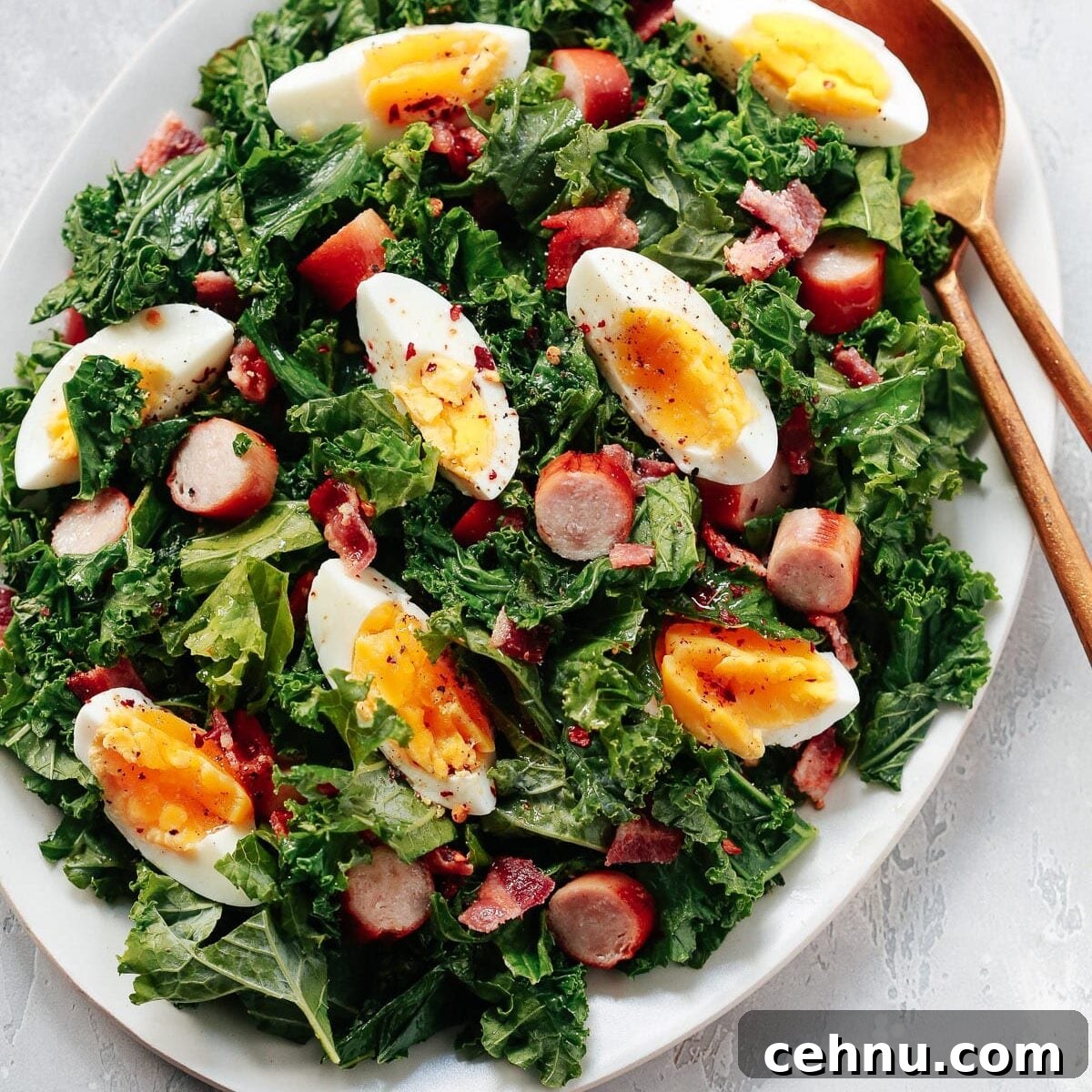 Easter Menu Ideas: Brunch, Dinner and Dessert Recipes 5 Kale breakfast salad in a white serving dish.