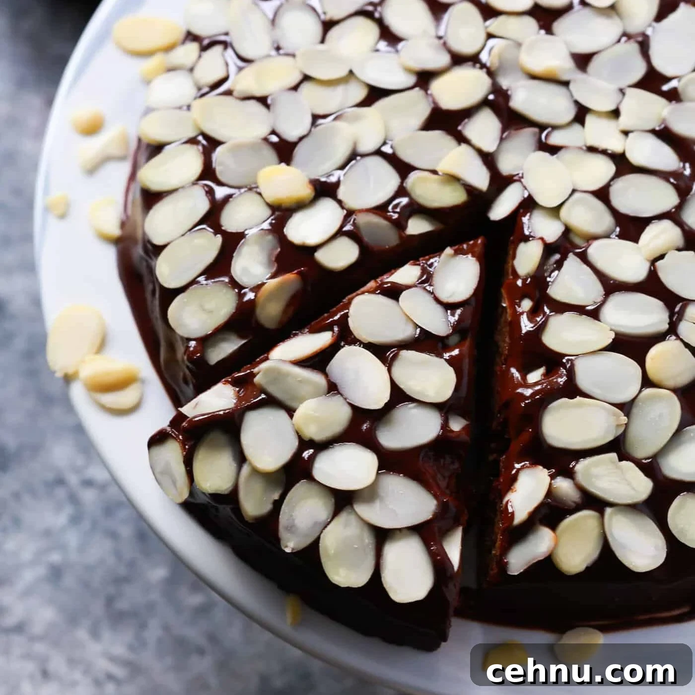 Easter Menu Ideas: Brunch, Dinner and Dessert Recipes 34 low-carb almond flour chocolate cake with sliced almonds on top.