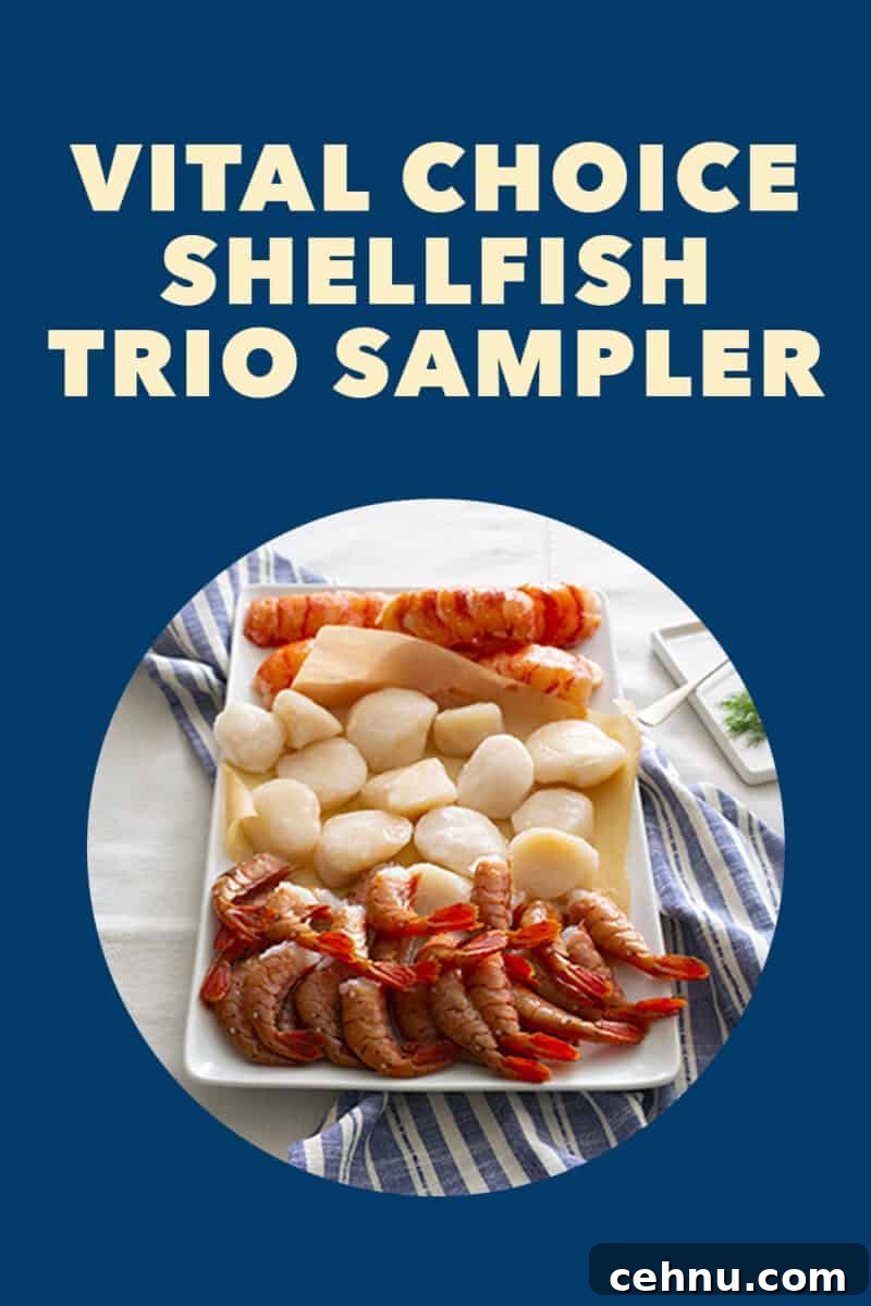 A circle with a platter of raw shrimp, scallops, and lobster tails. The background color is dark blue.