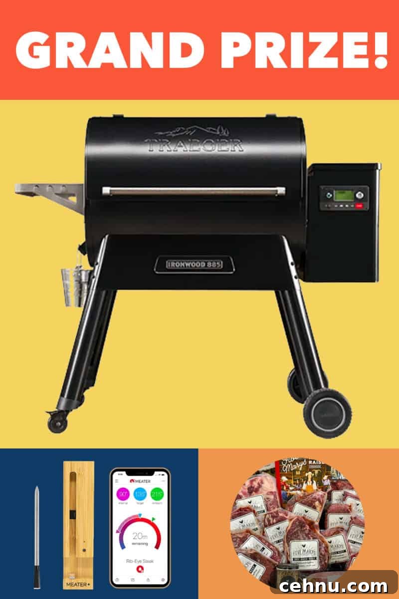 A collage of the three grand prize items of the Nom Nom Paleo Let's Go sweepstakes: a Traeger grill, a Meater thermometer, and a pork and beef pack from Five Marys Farms.