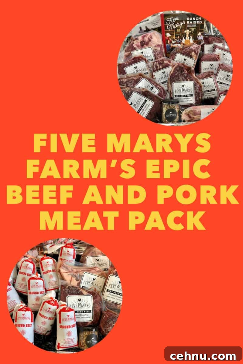 Five Marys Farm's epic beef and pork meat pack on an orange background.