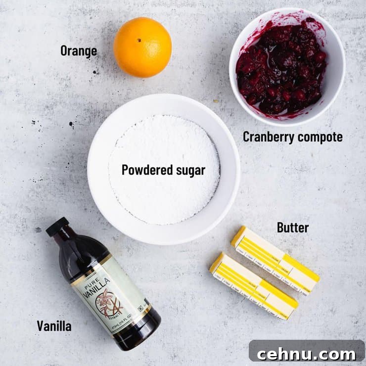 Overhead view of labeled ingredients for frosting and filling.