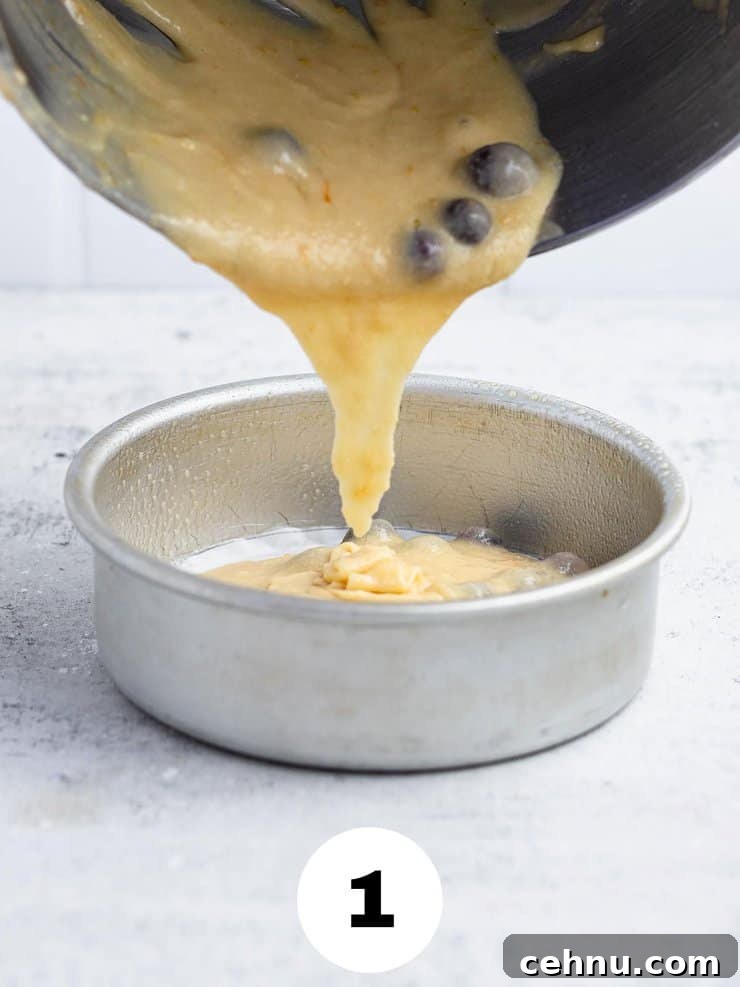 Light yellow batter with cranberries being poured into a round silver cake pan.
