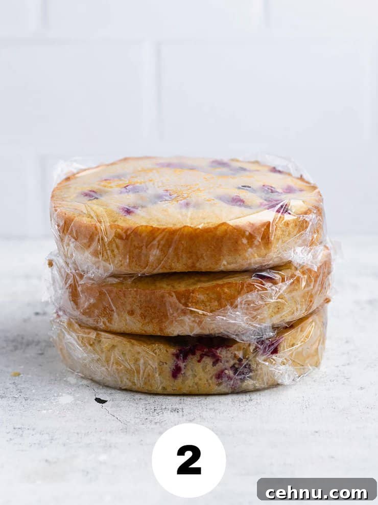 Three layers of orange cranberry cake wrapped in plastic wrap stack one on top of the other.
