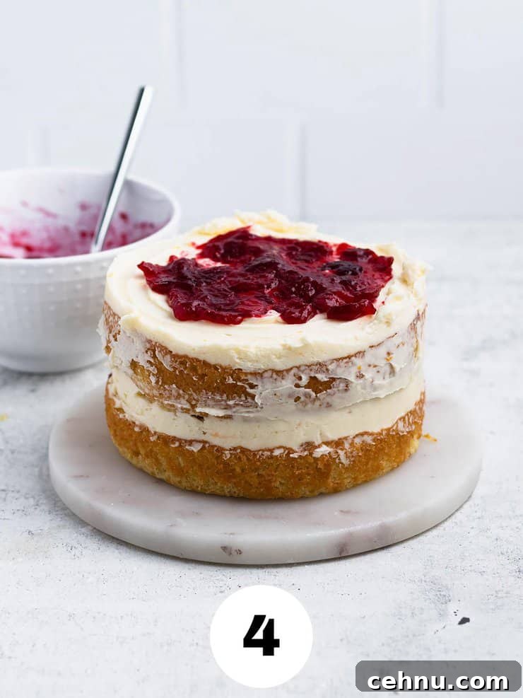 Two layers of cake stacked and frosted with a smear of cranberry compote on top.