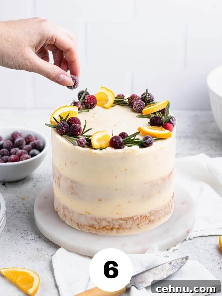 Hand placing a sugar coated cranberry on top of a frosted cake with flecks of orange peel in it.