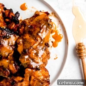 overhead image of honey mustard chicken on white plate