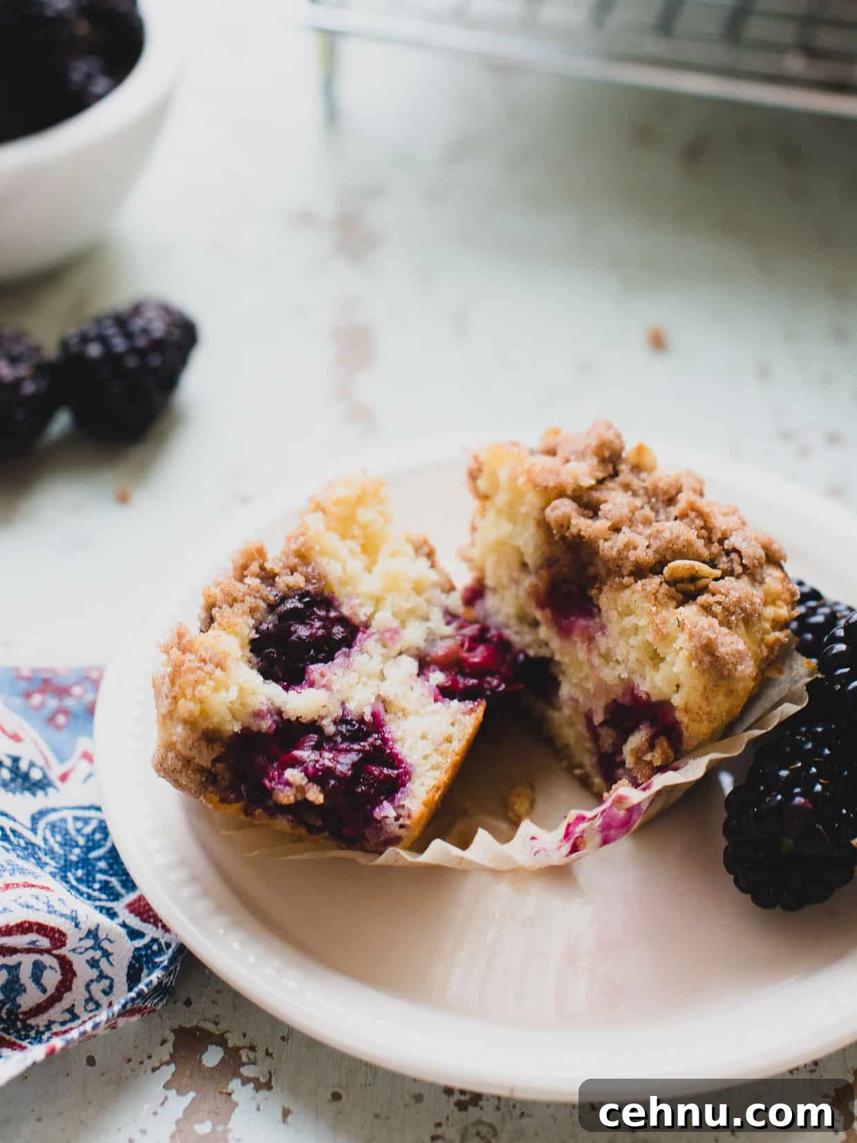 Moist Blackberry Yogurt Muffins with Lemon Zest 2 Freshly baked blackberry yogurt muffin cut in half on a white plate.