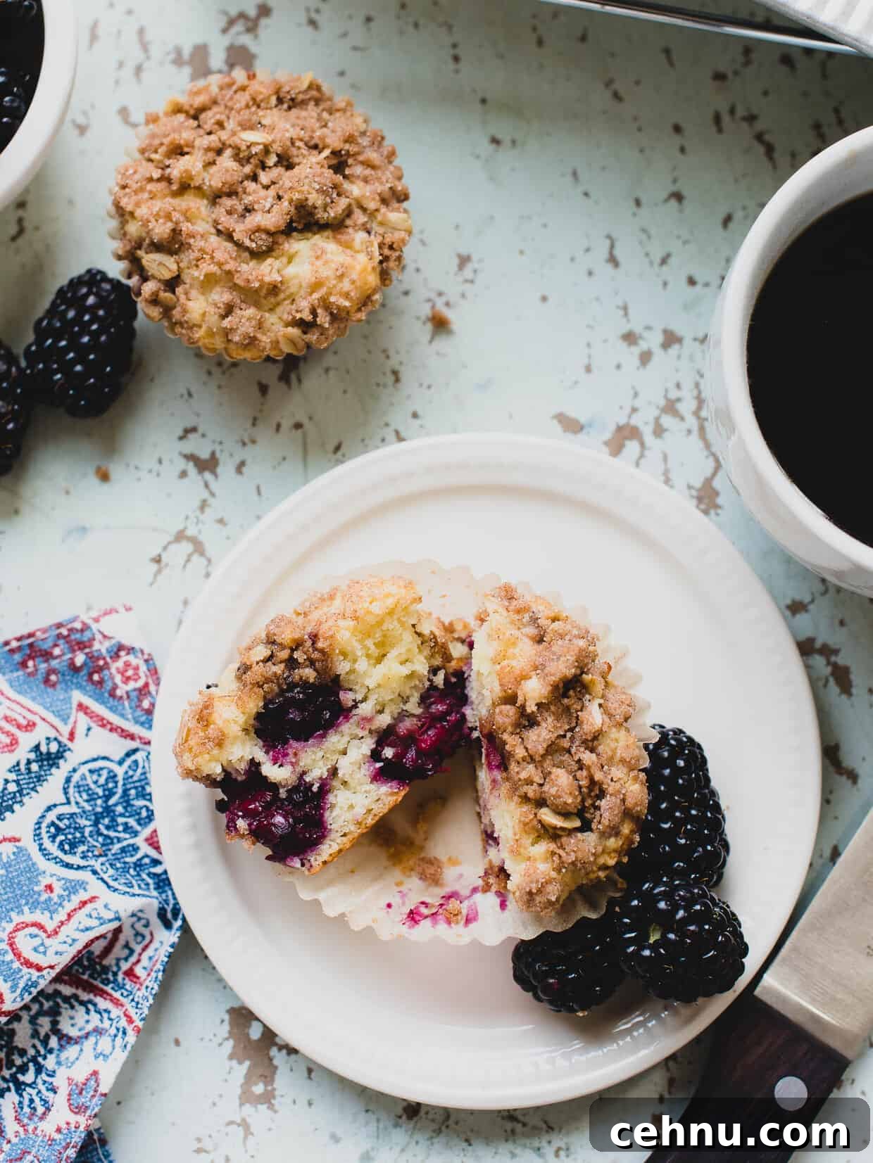 Moist Blackberry Yogurt Muffins with Lemon Zest 7 Blackberry Yogurt Muffin cut in half and served on a white plate surrounded by blackberries.