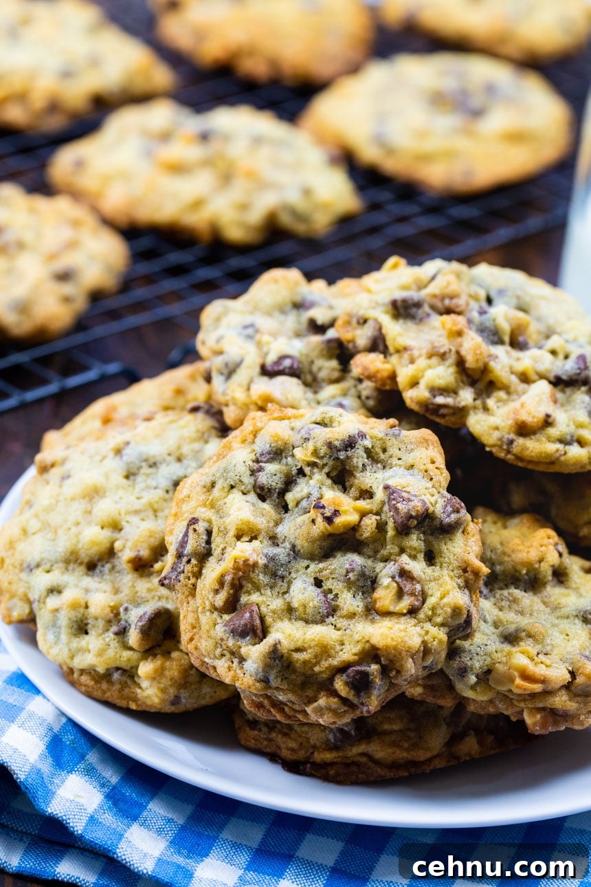 Cookies on a plate with cookies on wire rack in background.