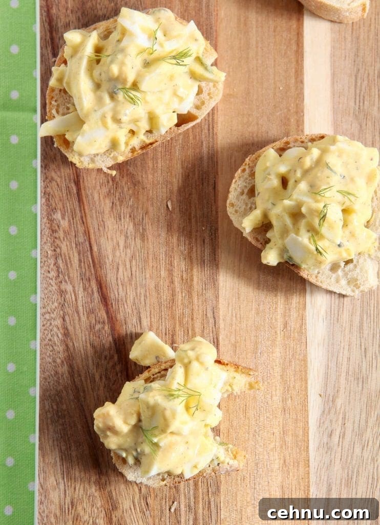 Deviled Egg Bruschetta on wood platter