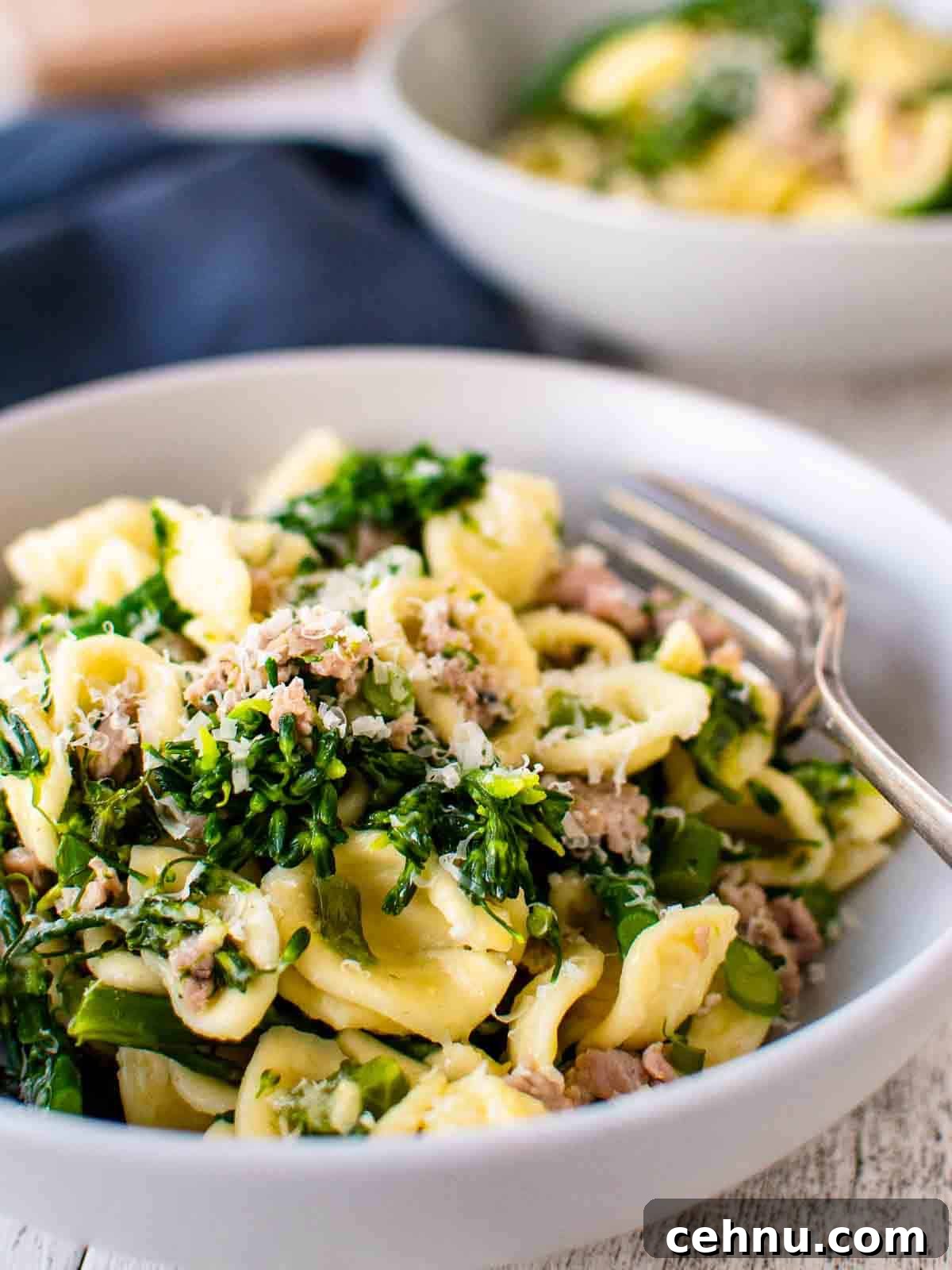 Italian Sausage and Broccolini Pasta 2 Sausage broccolini pasta in a grey bowl with a fork.