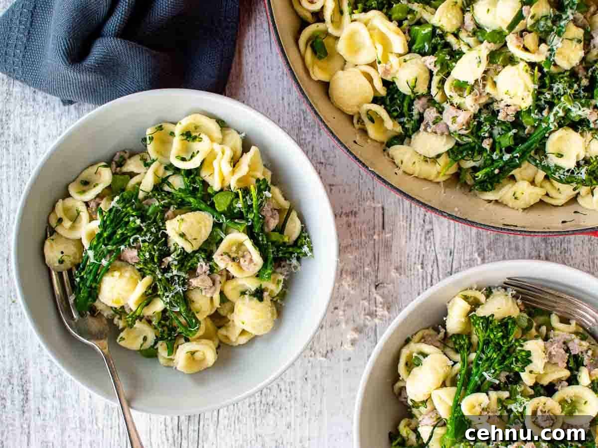 Italian Sausage and Broccolini Pasta 5 Overhead view of pasta and broccolini in two bowls and in pan.