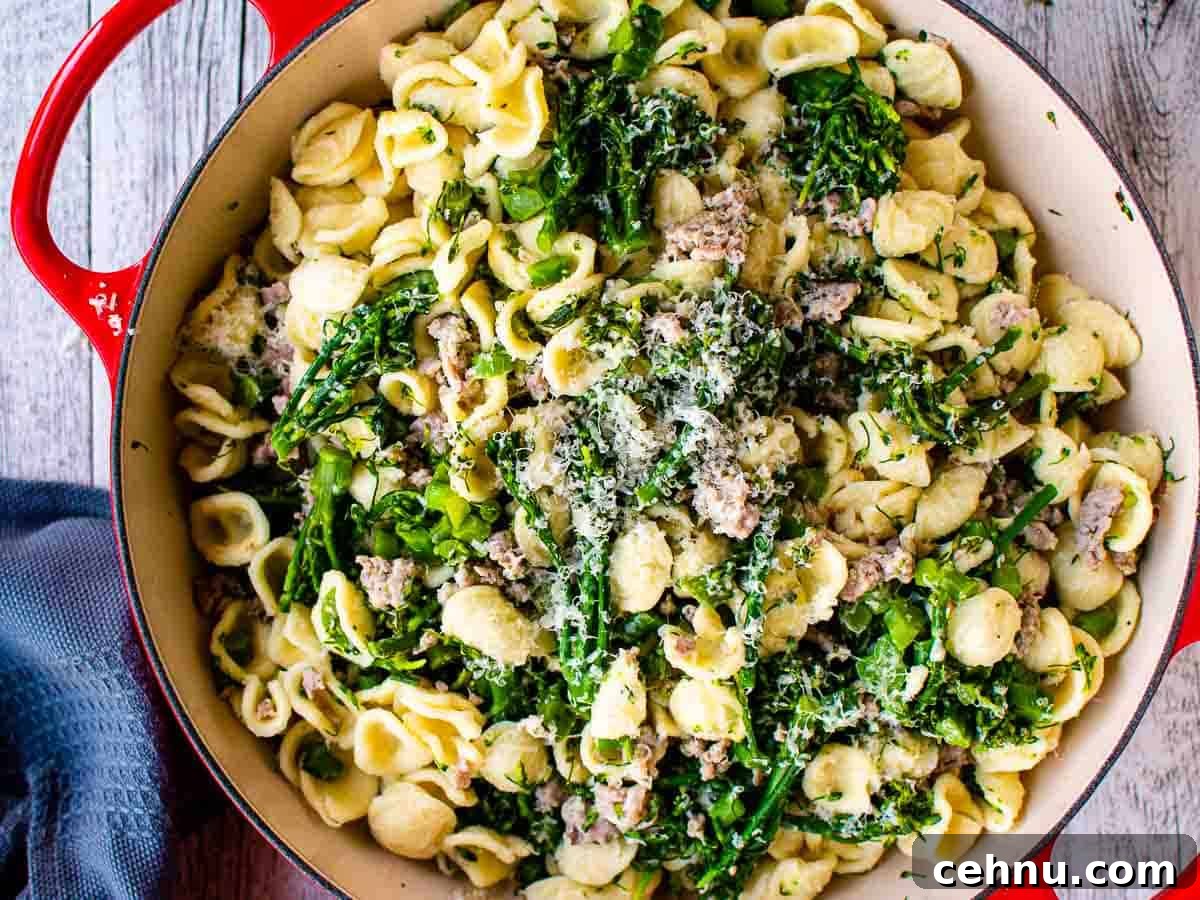 Italian Sausage and Broccolini Pasta 6 Pasta with broccoli and sausage in a saute pan viewed from above.