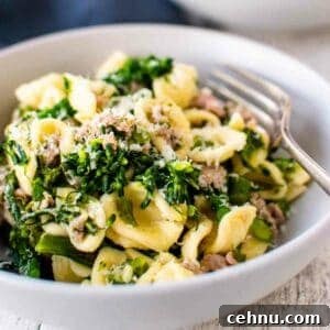 Pasta with broccolini and sausage in a grey bowl.