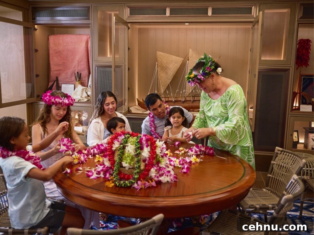 Free Hawaiian Cultural Activities to Try in Waikiki 4 A family taking a floral lei making class at Aʻo Cultural Center at OUTRIGGER Reef Waikiiki Beach Resort.