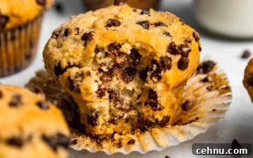 Close up of Small Batch Chocolate Chip Muffin with a bite taken out of it next to a glass of milk