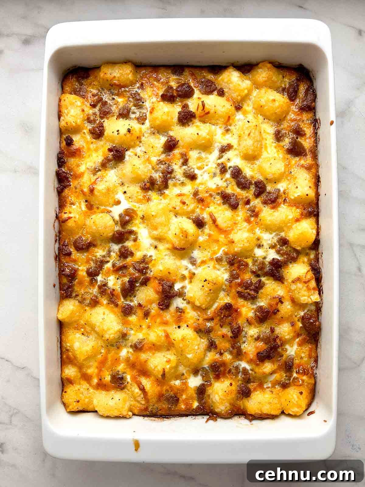 Cheesy Sausage and Tater Tot Breakfast Casserole Recipe 9 overhead shot of tater tot sausage breakfast casserole.
