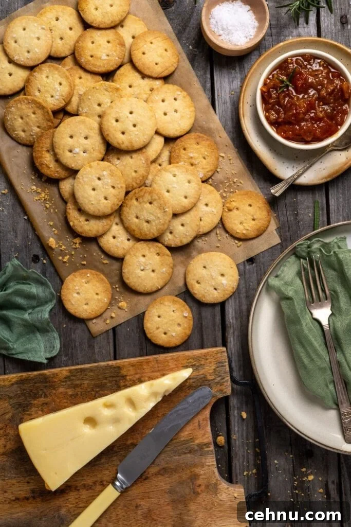 How to Make Sourdough Ritz-Style Crackers 2 A wooden board of sourdough ritz crackers displayed with a wedge of cheese and a small dish of tomato chutney.