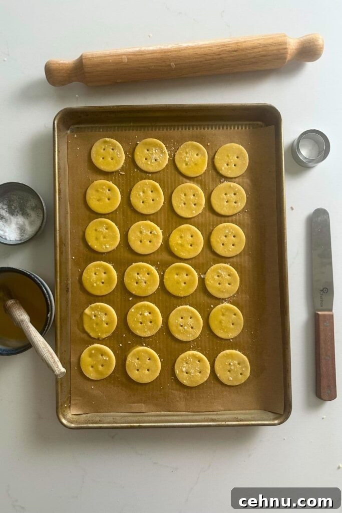How to Make Sourdough Ritz-Style Crackers 6 A baking tray with the sourdough Ritz cracker dough cut out in little circles.